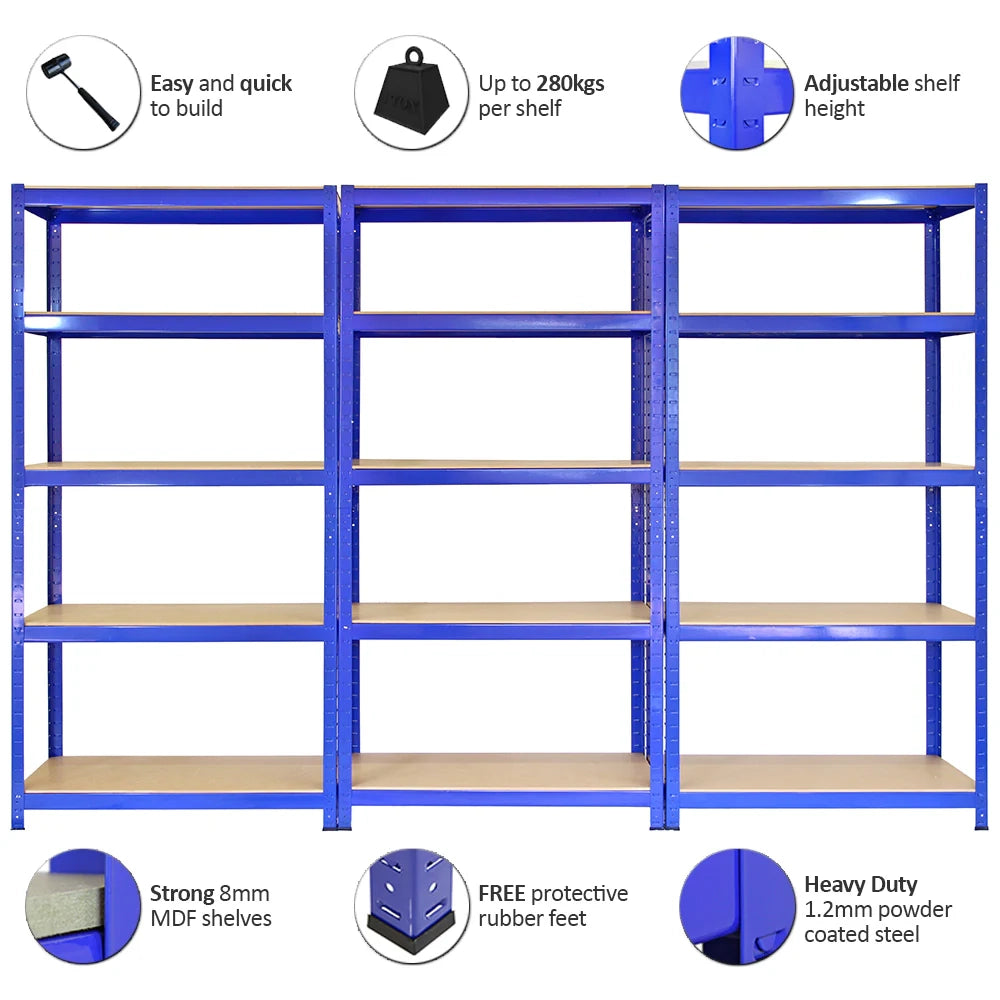 Set 3 Scaffali Metallici 90x50x180 cm 5 Ripiani MDF Portata 200 kg