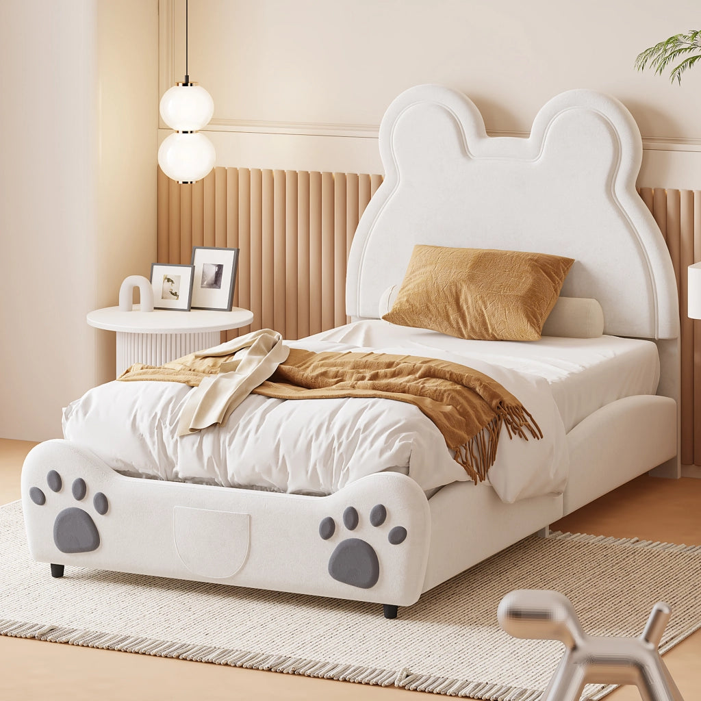 DESMIU Letto per Bambini 1 Posto con Testiera Orso, 90 × 200 cm, Senza Materasso, Bianco