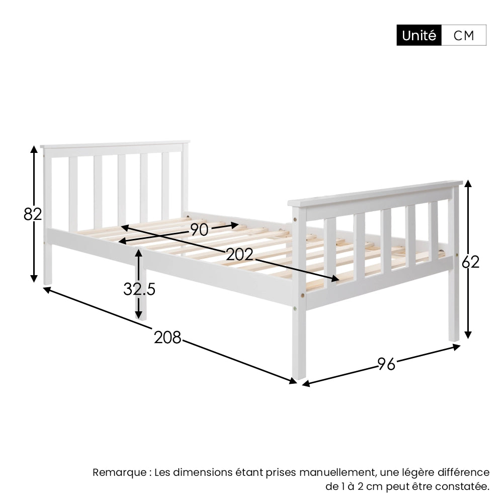 Letto Singolo 1 Posto con Testiera; 90×200 cm; senza Materasso; in Legno Massello; Bianco