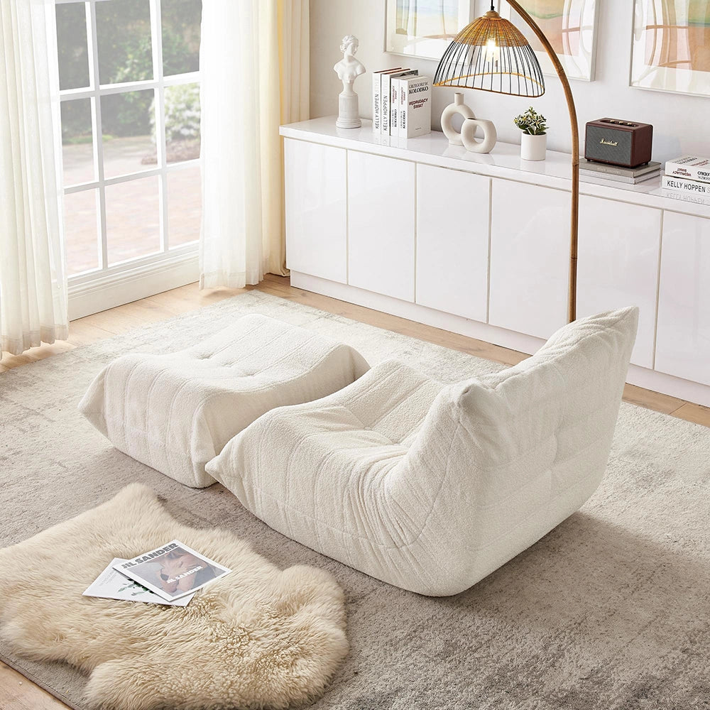 Divano Lazy con schienale e poggiapiedi - Xylo - Pelle di peluche morbida beige