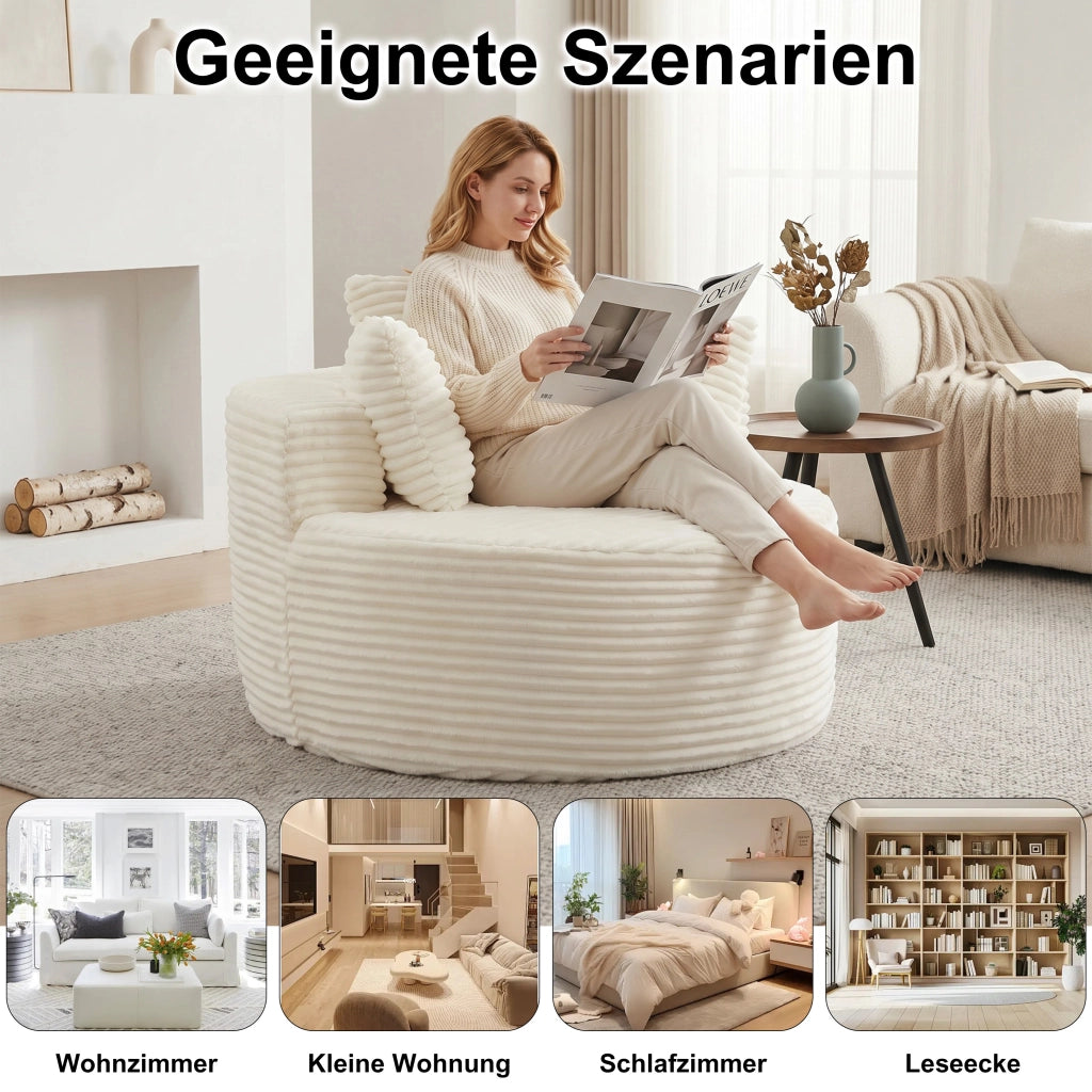 Poltrona lounge rotonda con braccioli larghi e 3 cuscini in velluto a coste, schiuma e molle, beige