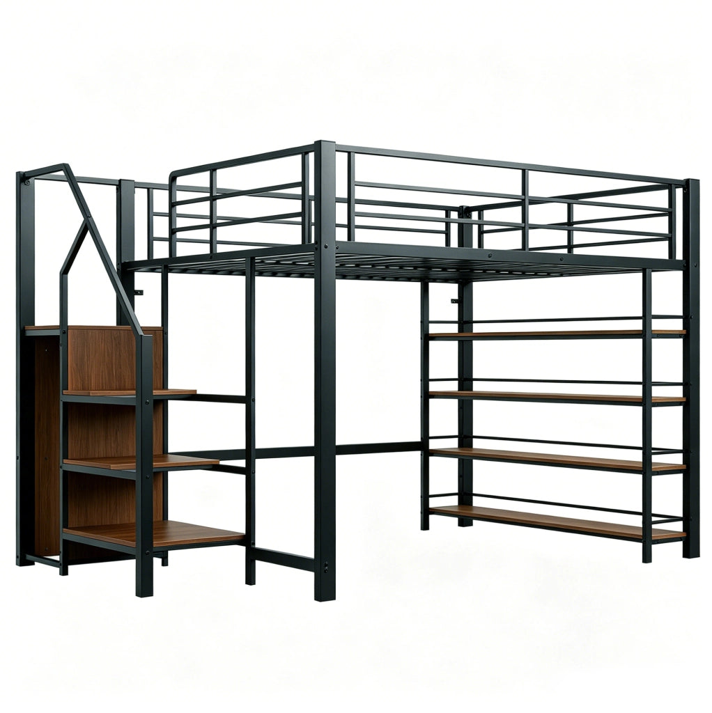 Letto a soppalco ULEVR 140x200 cm con scala contenitore, guardaroba e ripiani, metallo e MDF nero