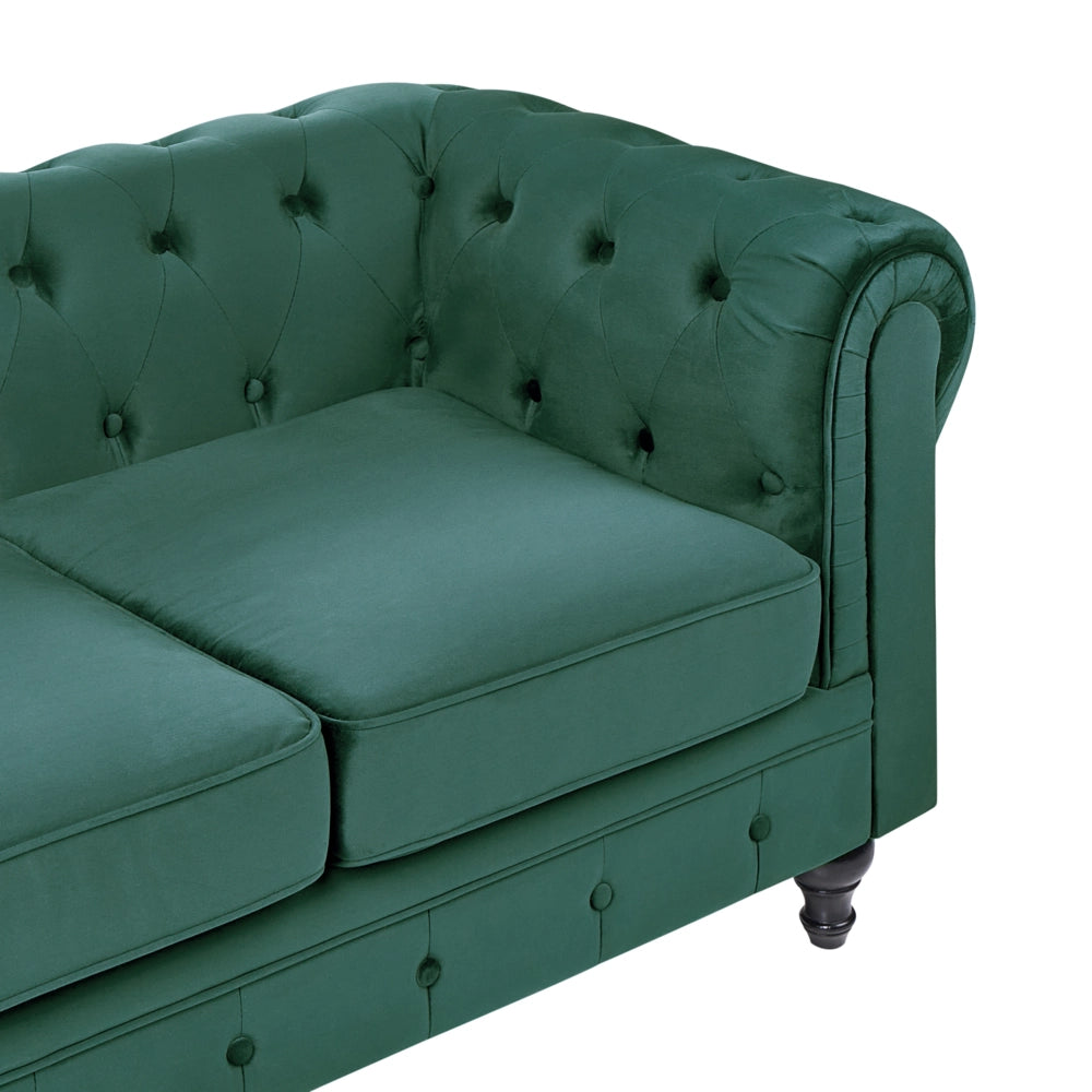 Divano Chesterfield Tessuto Velluto Verde Rivestimento Gambe In Legno Scuro 3 Posti Contemporaneo