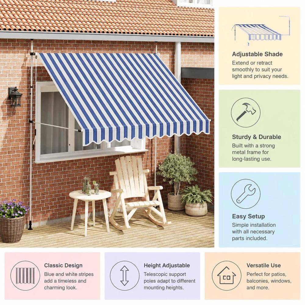 Retractable Awning, Manually Operated, 250 Cm, Blue/white Striped