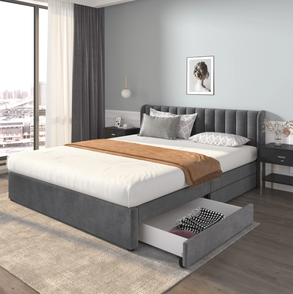 Letto matrimoniale in velluto grigio 180x200 cm con 2 cassetti