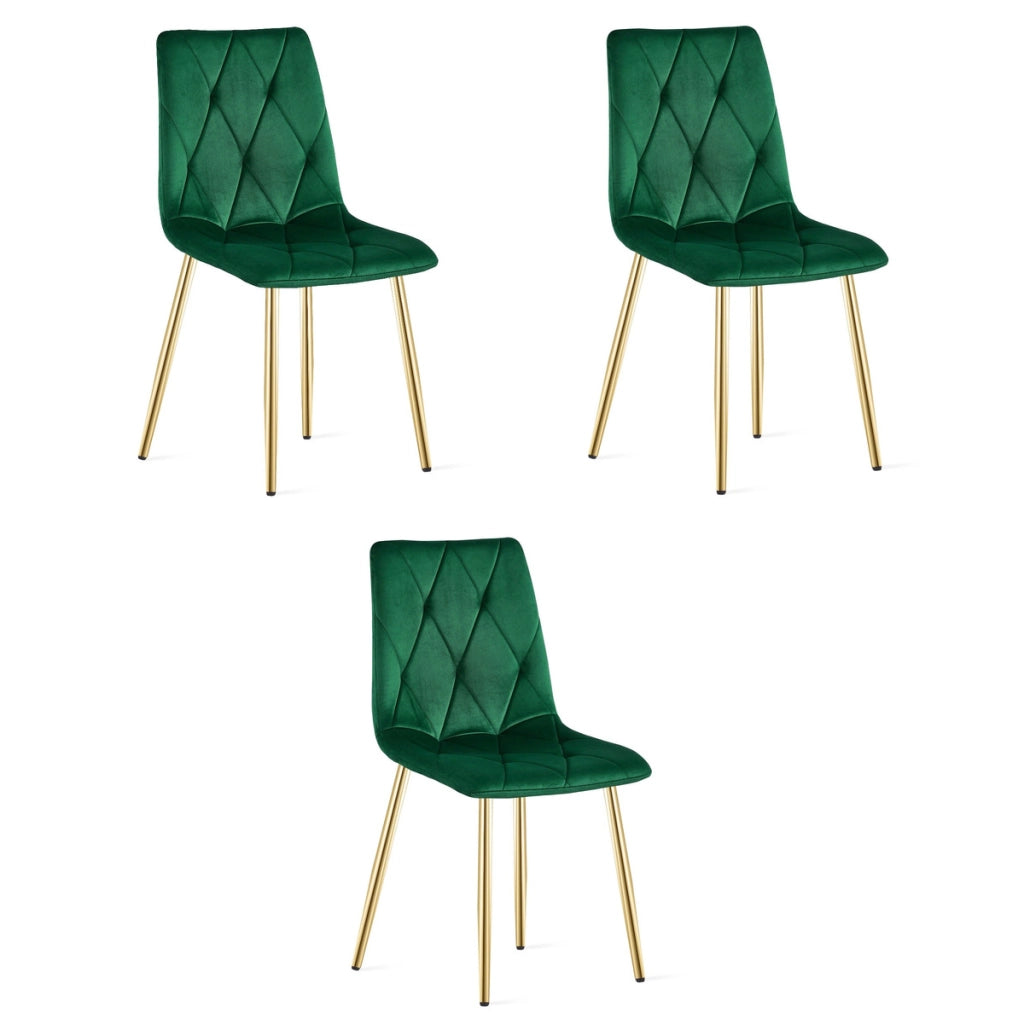 Set di 3 Sedie Libra in Velluto Verde Bosco e Gambe Oro