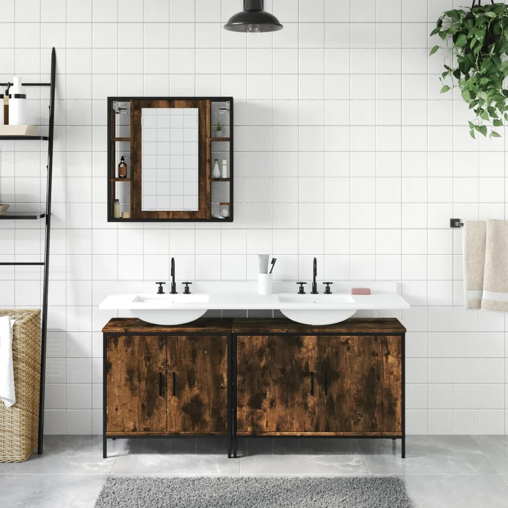 Set Mobili da Bagno | Armadio da bagno 3 pz Rovere Fumo in Legno Multistrato
