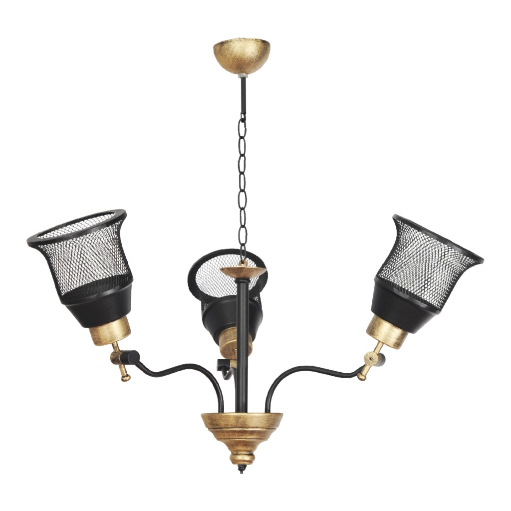 Lampadario a 3 Bracci con Paralumi Reticolati e Regolabili in Verticale - Lampada da Soffitto in Metallo - Nero / color Oro Anticato - lux.pro