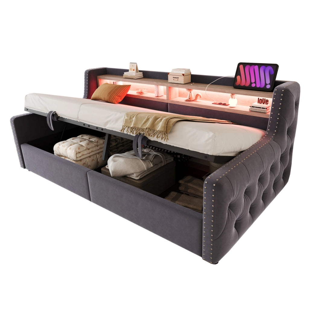 Divano letto imbottito in velluto grigio con vano contenitore e illuminazione LED