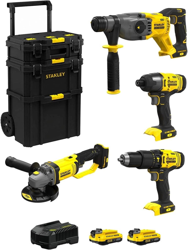 STANLEY FatMax Kit SVK400 (Tassellatore SFMCH900 + Smerigliatrice SFMCG400 + Trapano a Percussione SFMCD711 + Avvitatore a Impulsi SFMCF800 + 2 Batterie 2,0 Ah + Caricabatteria + Caddy 3in1)