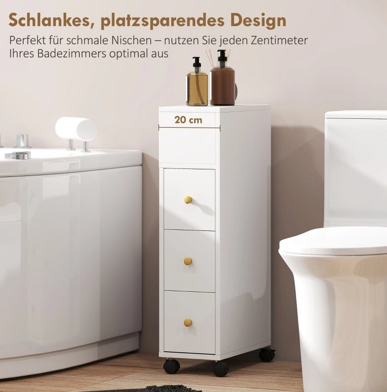 Mobile bagno stretto con ruote, 3 cassetti e 5 vani