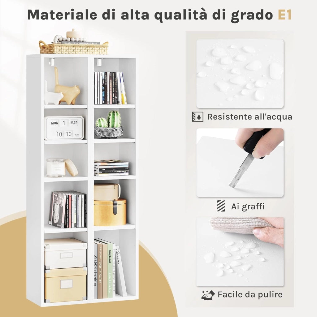Porta CD a Colonna, Libreria Stretta e Alta con 10 Scomparti, Capacità Max. 160 CD, DVD, Libreria Verticale a Colonna da Terra, Bianco, SK063ws