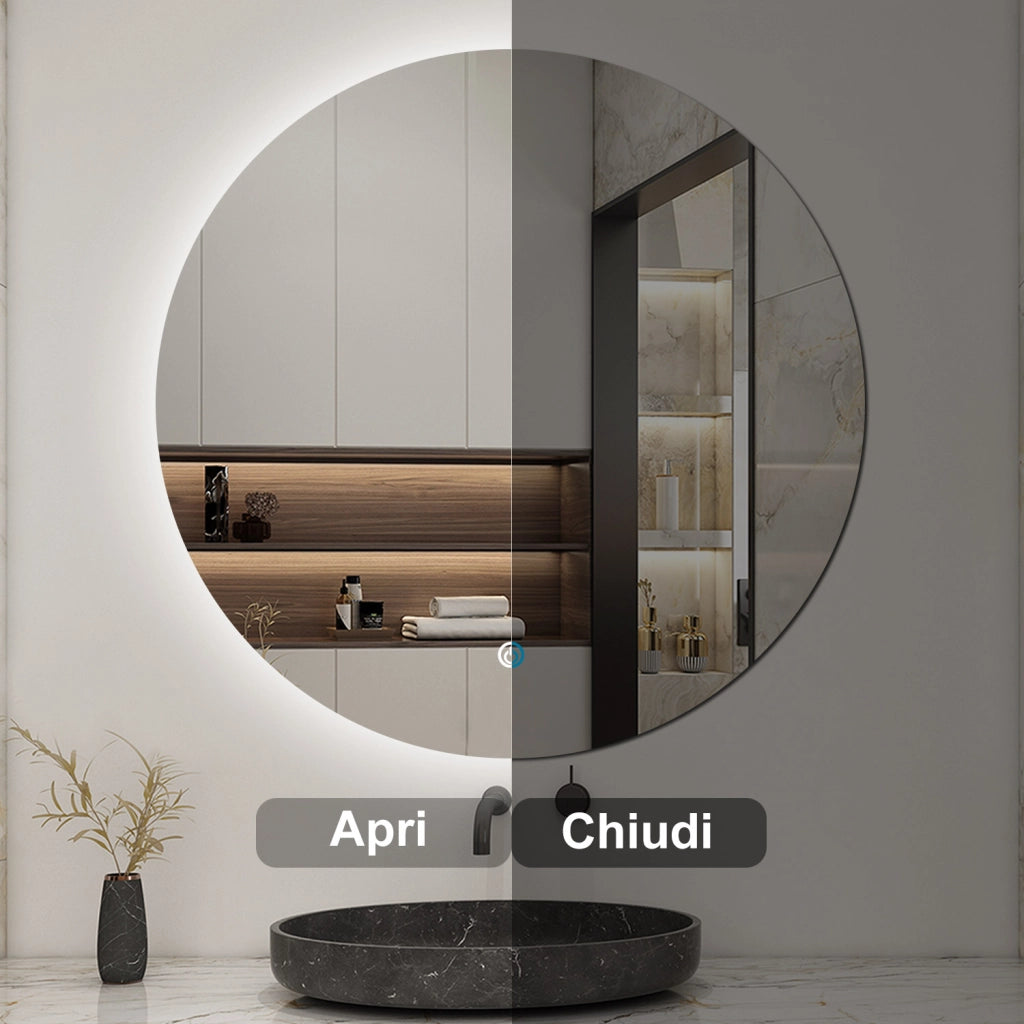 Specchio bagno tondo 70 cm con led. Dimmerabile + Touch Control + Bordo non sabbiato + IP44