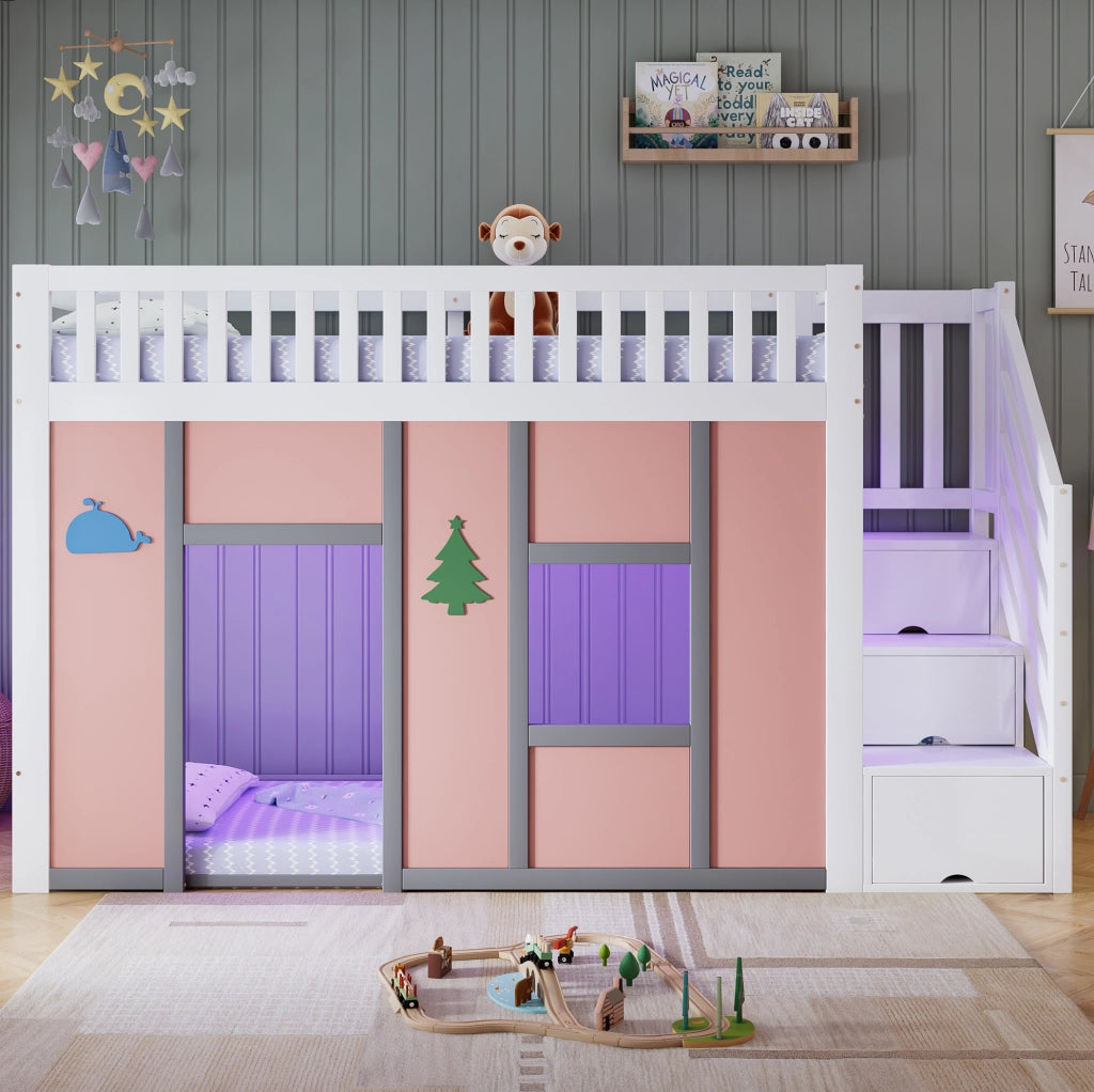 Letto a soppalco basso per bambini 90x200 cm con scala contenitore e LED; legno e MDF; bianco e rosa