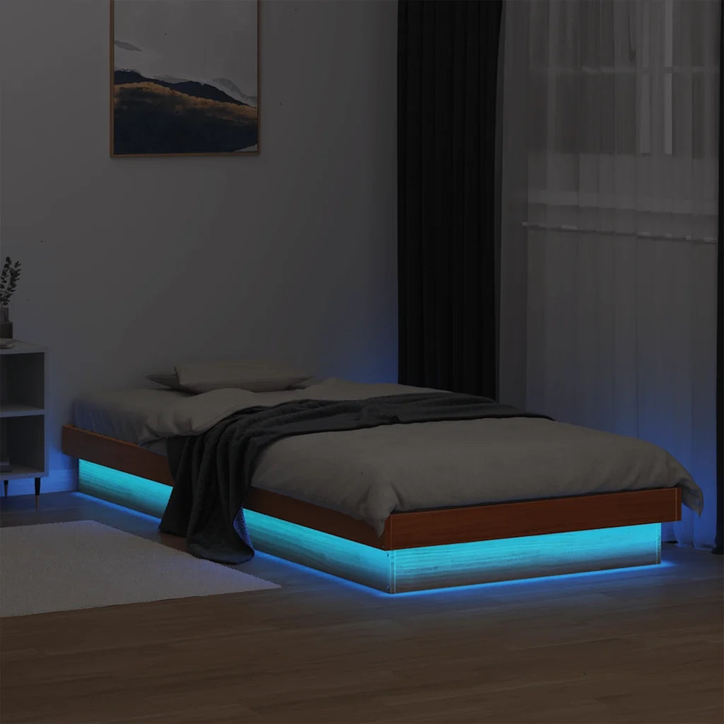 Letto singolo | Letto per adulti | Giroletto LED Marrone Cera 90x200 cm in Legno Massello di Pino