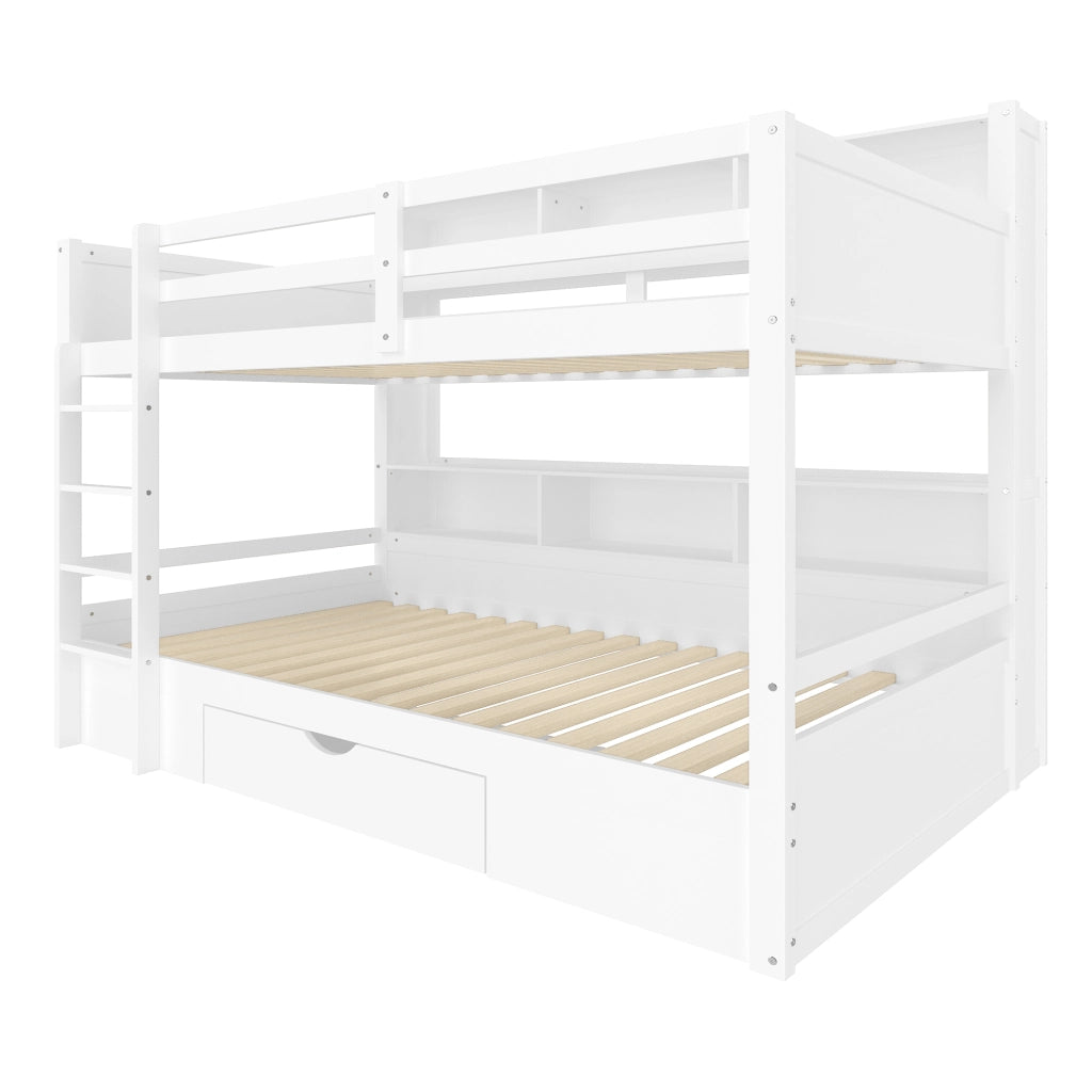 Letto a castello in legno massello con cassetti e scaffali, 90x200 cm, bianco