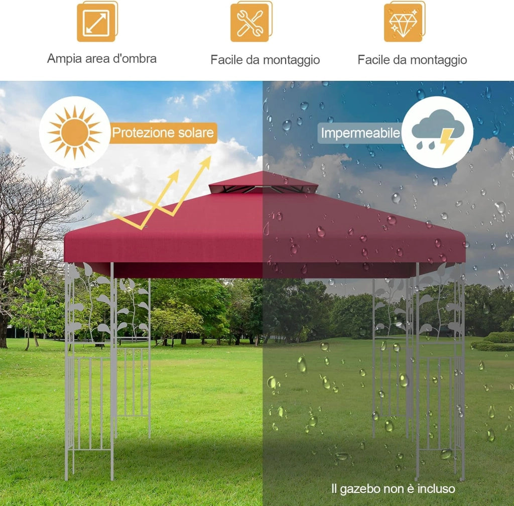 Tettoia di Ricambio per Gazebo da 3 x 3 m, Doppio Strato Superiore, Copertura per Gazebo da Giardino con Gancio e Chiusura a Strappo (Rosso)