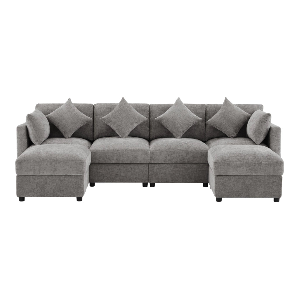 Divano modulare 4 posti con 2 pouf e braccioli regolabili in Chenille Grigio 284 × 156.5 × 86 cm