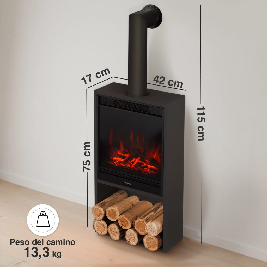 KAMINIO Camino elettrico HUGO con tubo del camino - Stufa elettrica riscaldamento, fiamma 3D, luce ambiente, scomparto de legno, telecomando - Nero