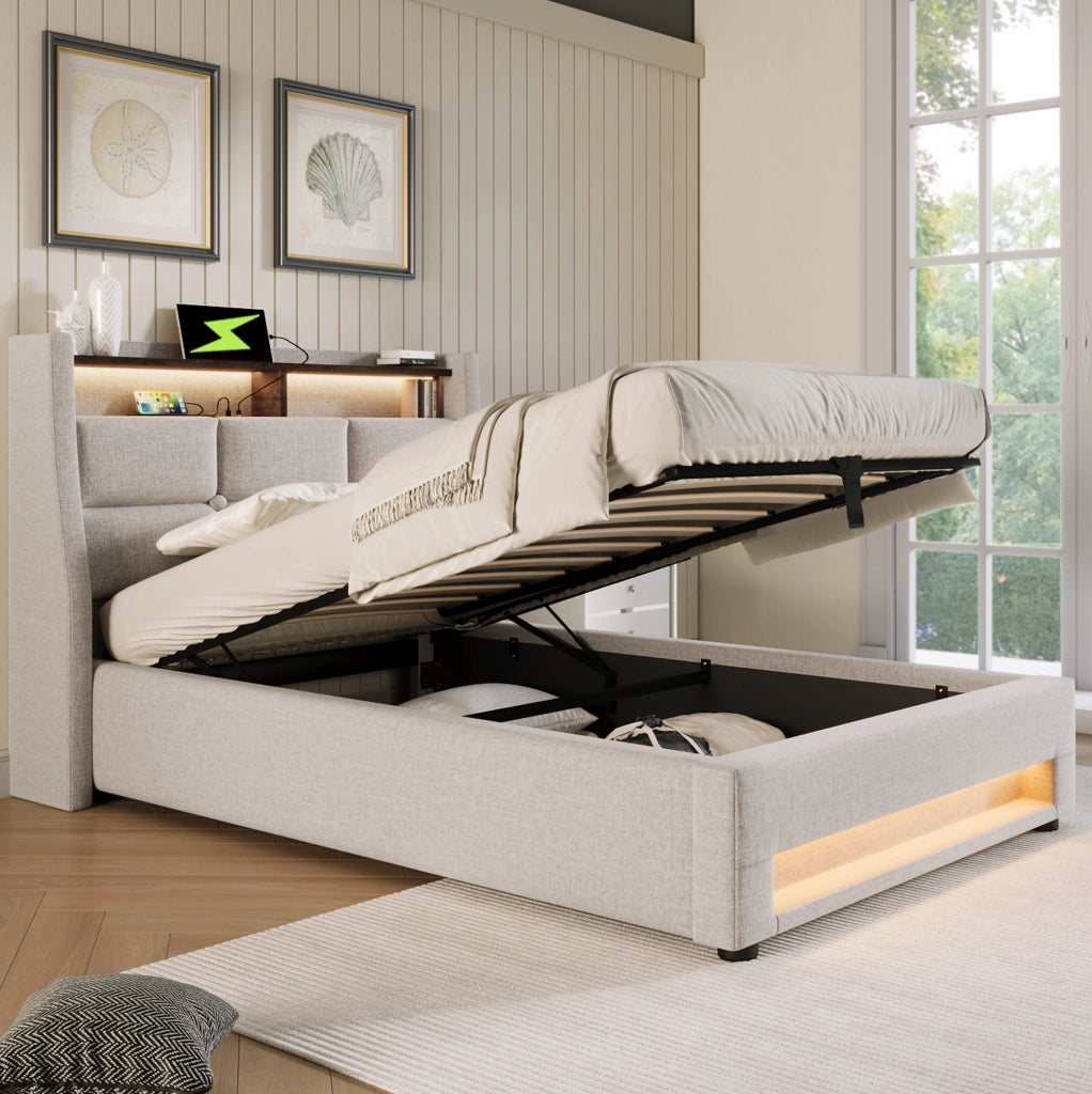 Letto imbottito singolo 90x200 cm beige con LED, USB e contenitore