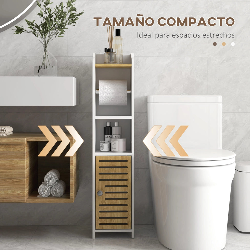 Mobile Bagno con Portarotolo e Ripiani ¨C Zephmum ¨C 18x20x90 cm Bianco e Rovere