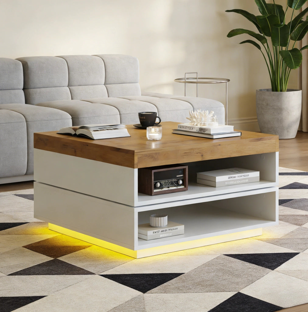 Tavolino da caffè girevole 360° con LED, 65x65x40 cm