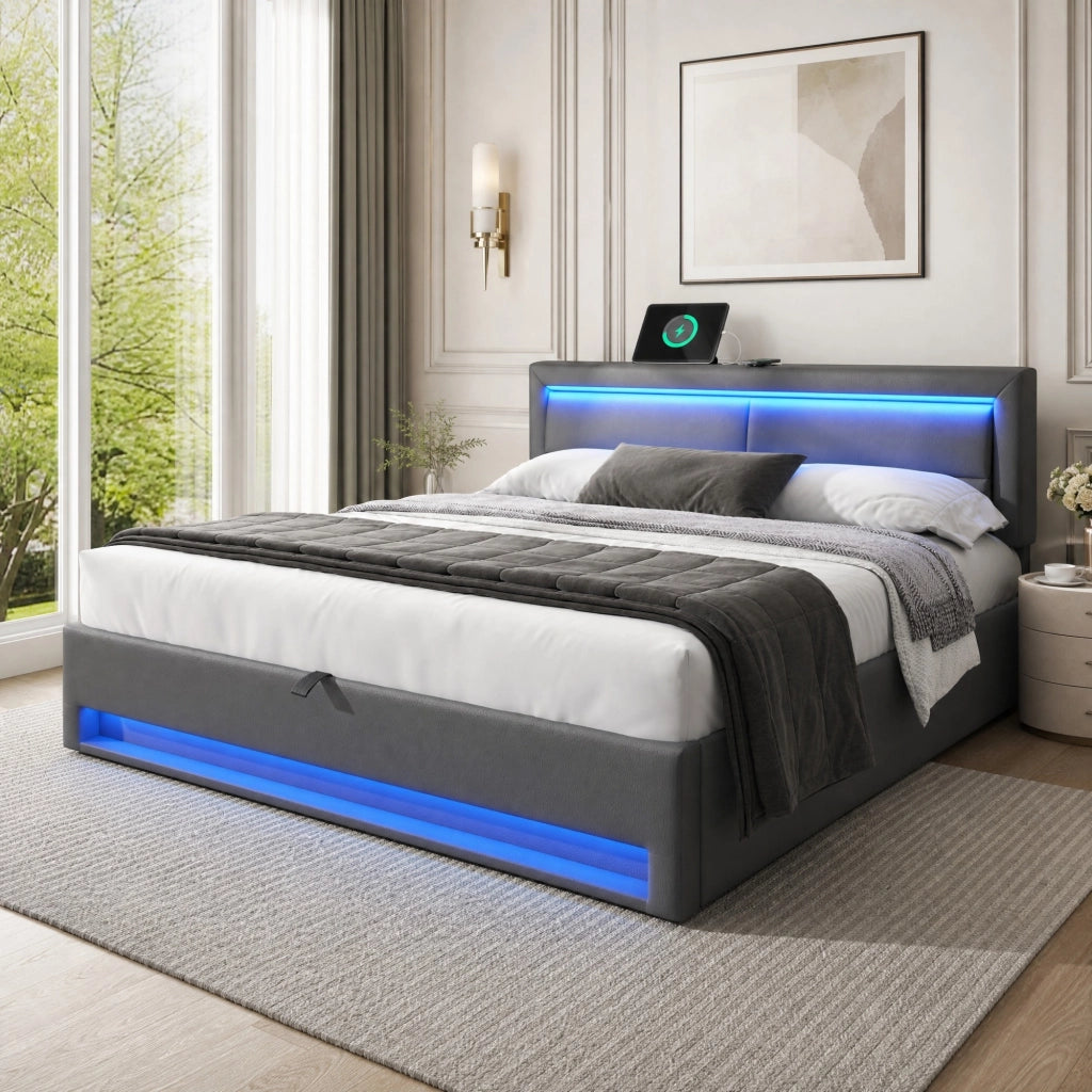 Letto imbottito 160 x 200 cm in PU grigio con USB, illuminazione LED e vano contenitore, senza materasso