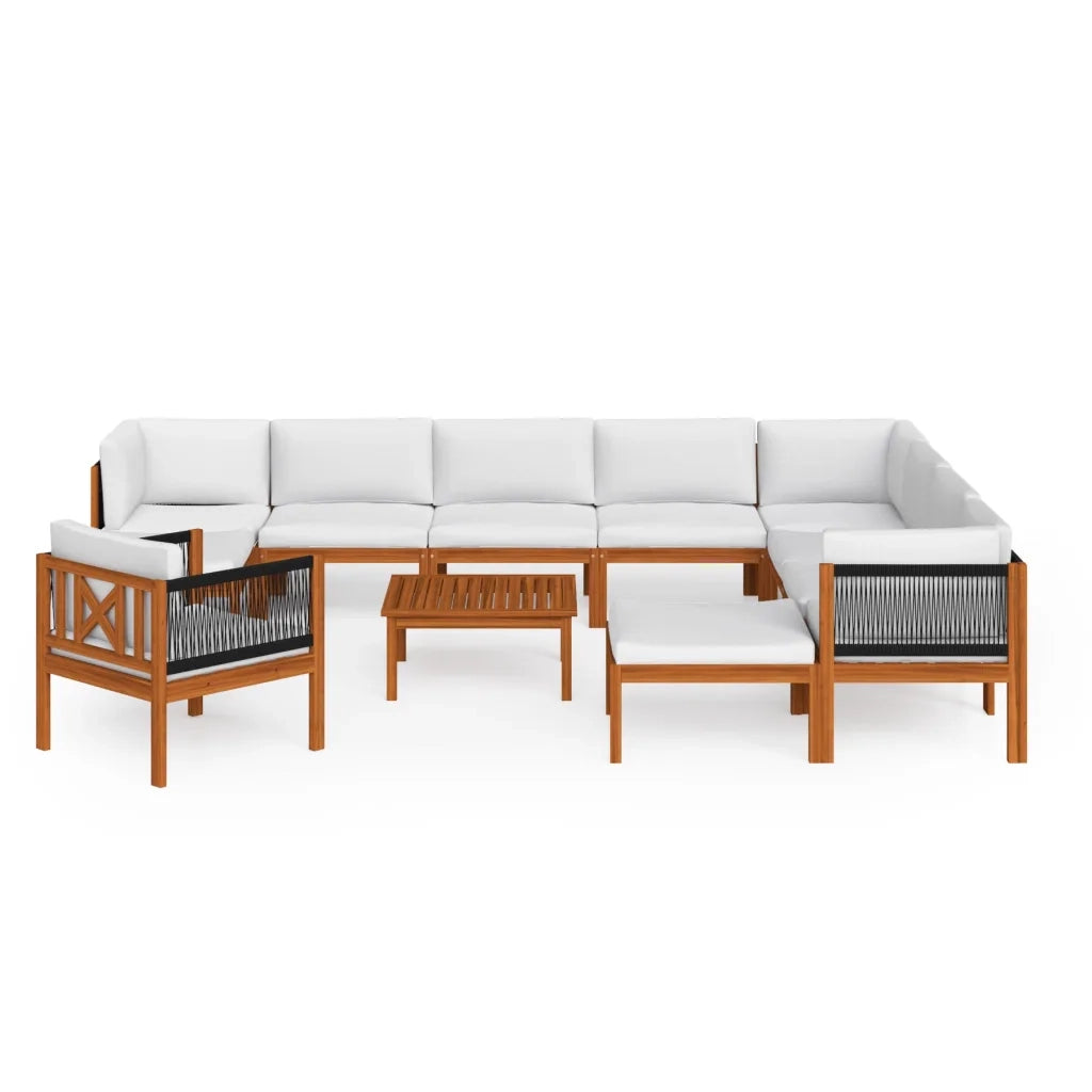 Set da giardino 12 pezzi con cuscini in legno crema, acacia e corda 3057894