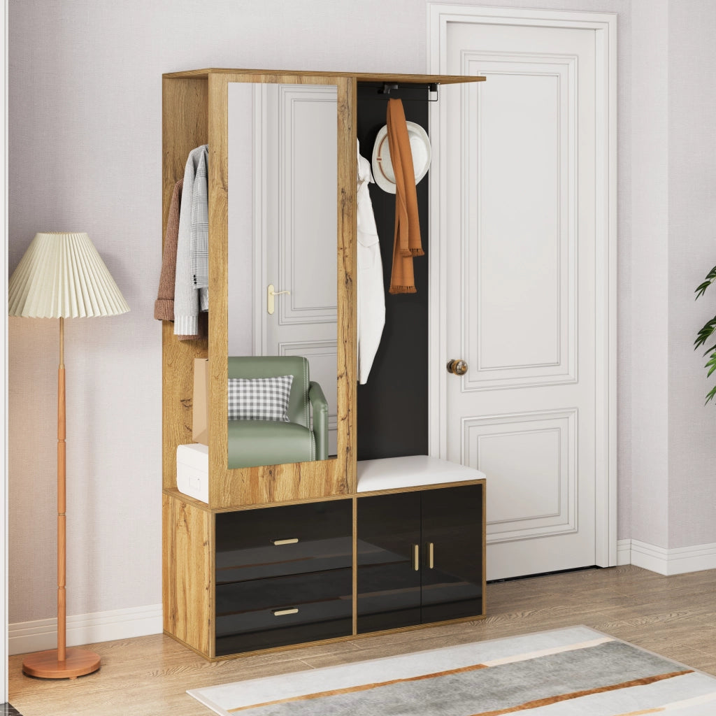 Mobile Ingresso con Specchio; Panca Scarpiera; 2 Ganci; Appendiabiti Estraibile; Lucido; Nero e Naturale; 100??38??180 cm
