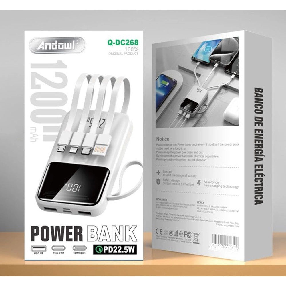 Trade Shop - Power Bank A Ricarica Rapida 12000mah Pd22,5w Con 4 Cavi Integrati Display Led Q-dc268 -