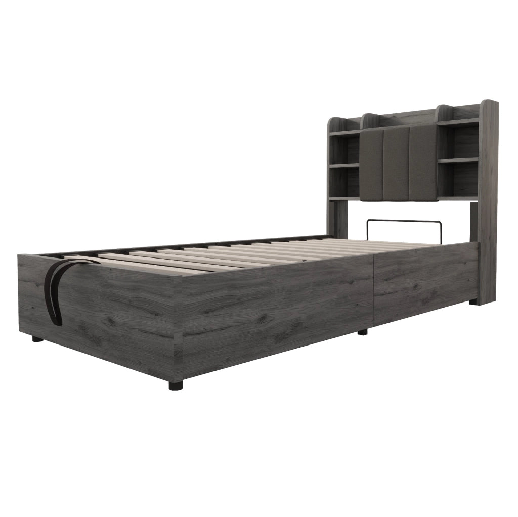 Letto singolo 90x200 cm con contenitore idraulico, USB e Type-C, grigio