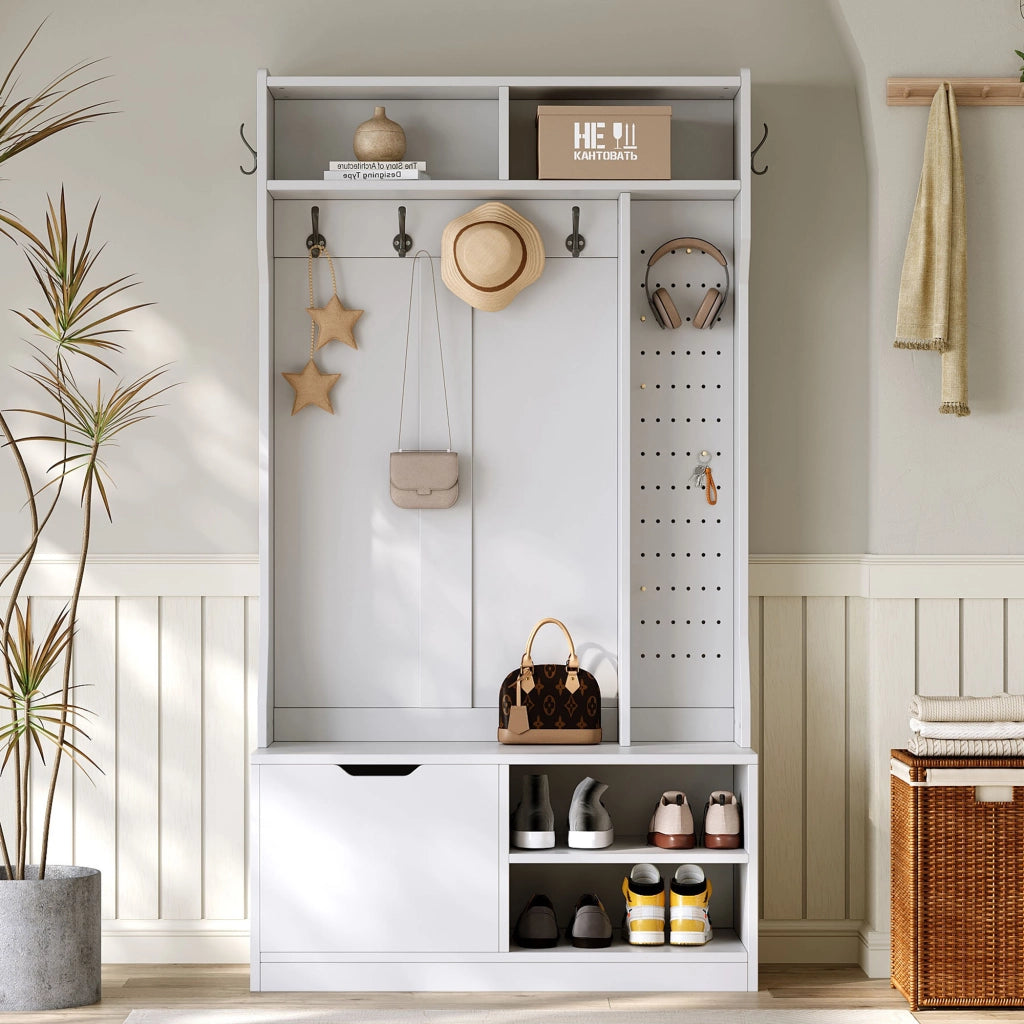 OKWISH Mobile da Ingresso con Panca, 6 Ganci, Vani Aperti e Scarpiera Ribaltabile, Bianco, 100 x 40 x 185.5 cm