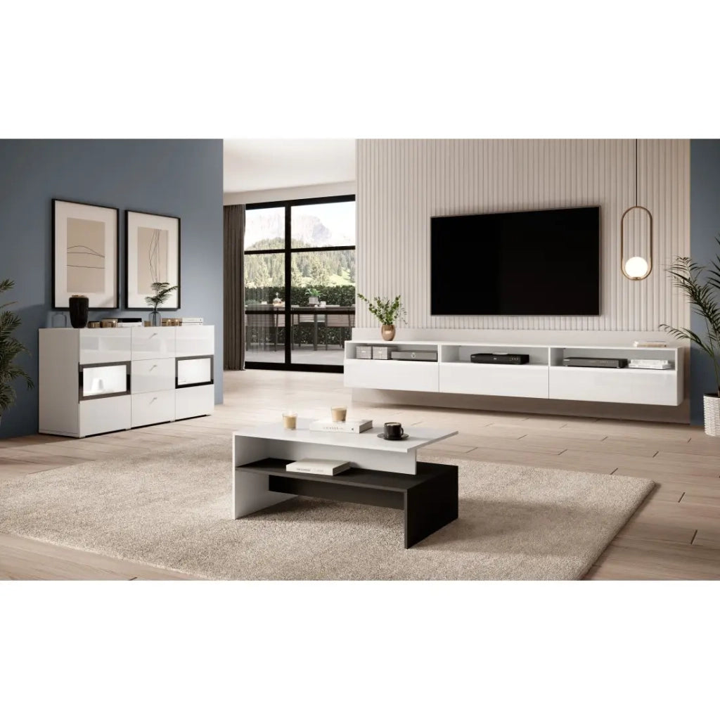 Buffet RAMOS – 2 porte in vetro + 3 cassetti – Colori bianco lucido e nero – LED non inclusa