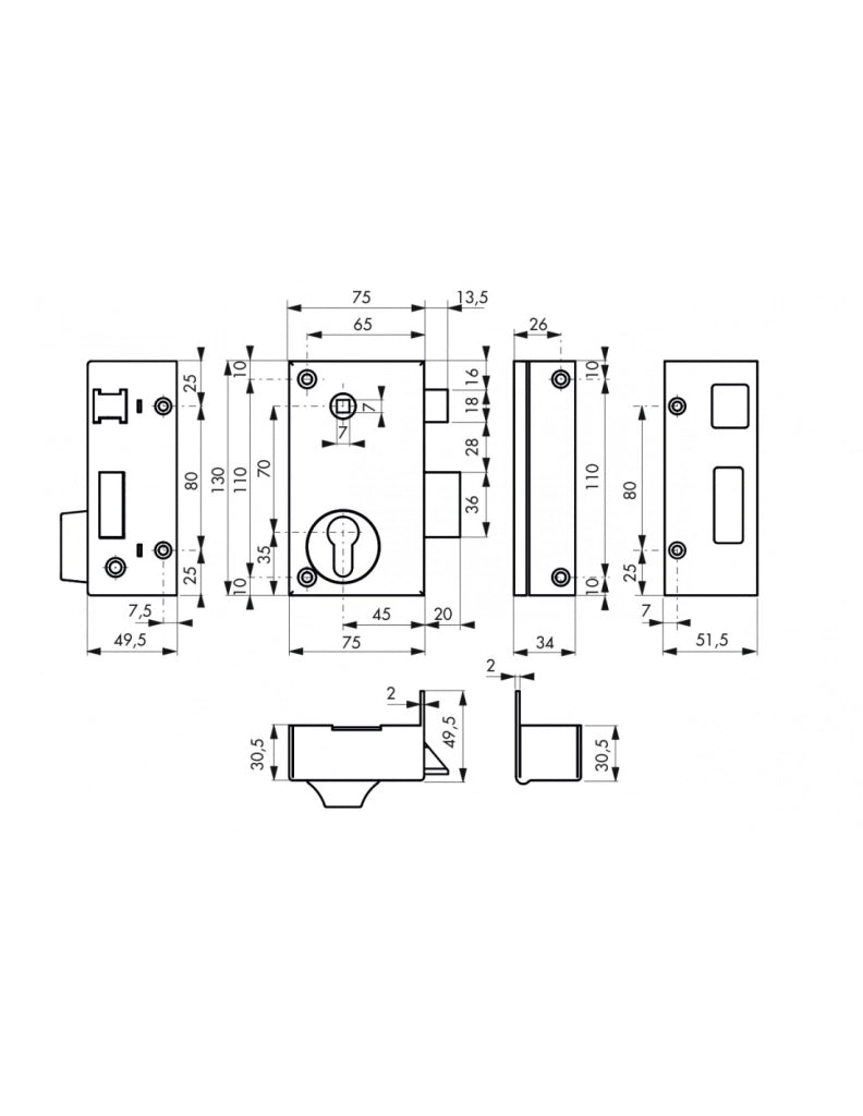 Cassa serratura CP con quadro maniglia 75 x 130 mm, destra – THIRARD