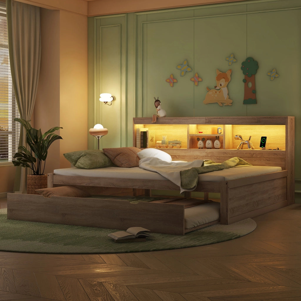 LETTO Estraibile 140x200 cm Naturale in pannello di legno con LED, prese USB