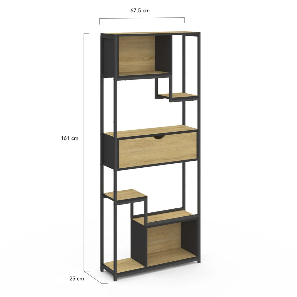 IDMarket - DETROIT libreria asimmetrica a 6 livelli con cassetto dal design industriale 161 cm