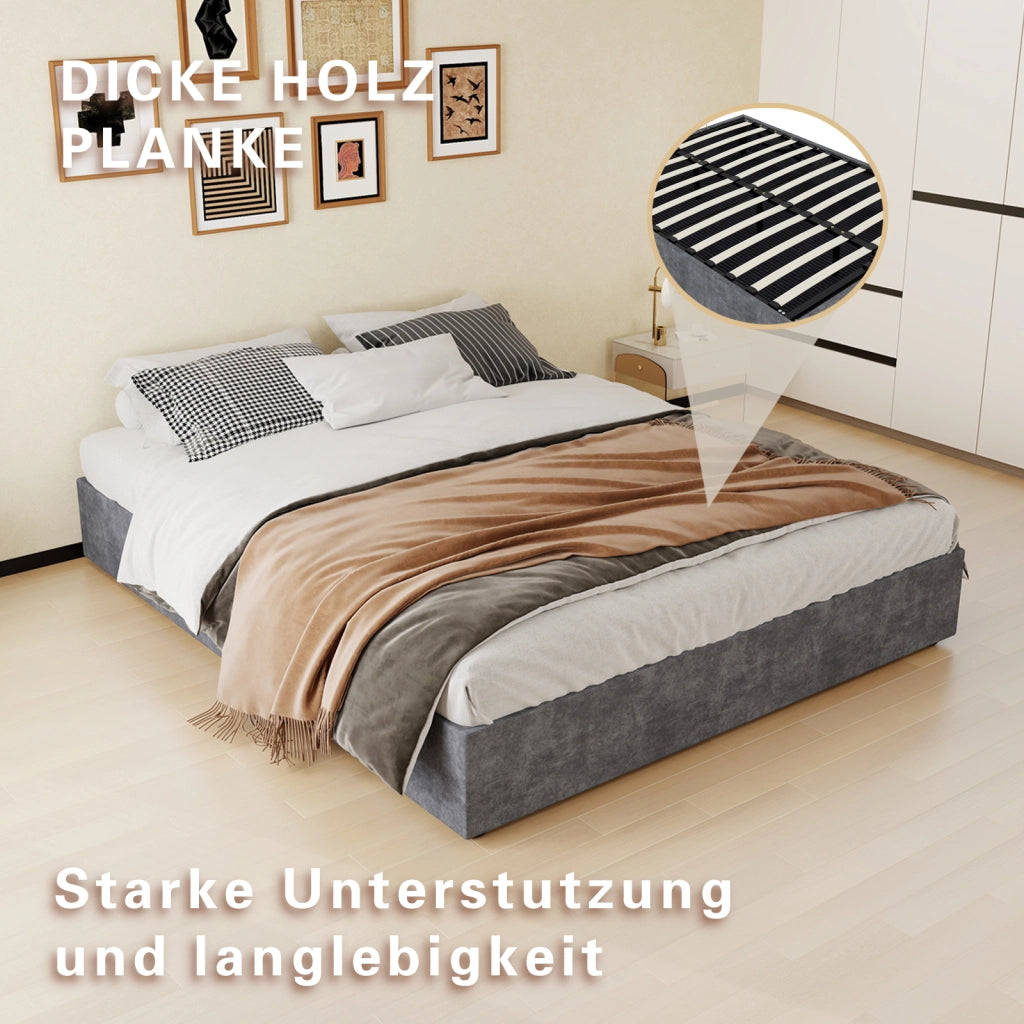 DESMIU Lit 160 × 200 cm 2 posti con testiera geometrica, senza materasso, in tessuto grigio e metallo