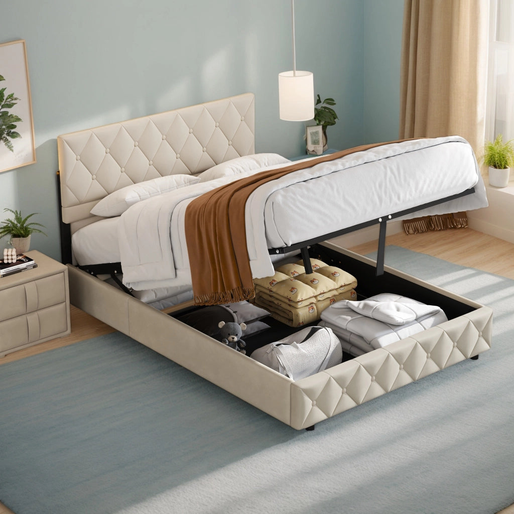 Letto imbottito beige 160x200 cm in velluto con struttura in MDF, compensato e metallo