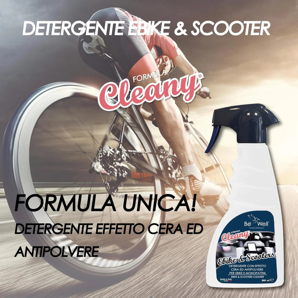 CLEANY Detergente Sgrassante Protettivo per Bicicletta, Ebike, Scooter, Monopattini - EFFETTO CERA Idrorepellente Detergente Professionale Spray 500 ml - Elimina Grasso e Incrostazioni, Brillantezza