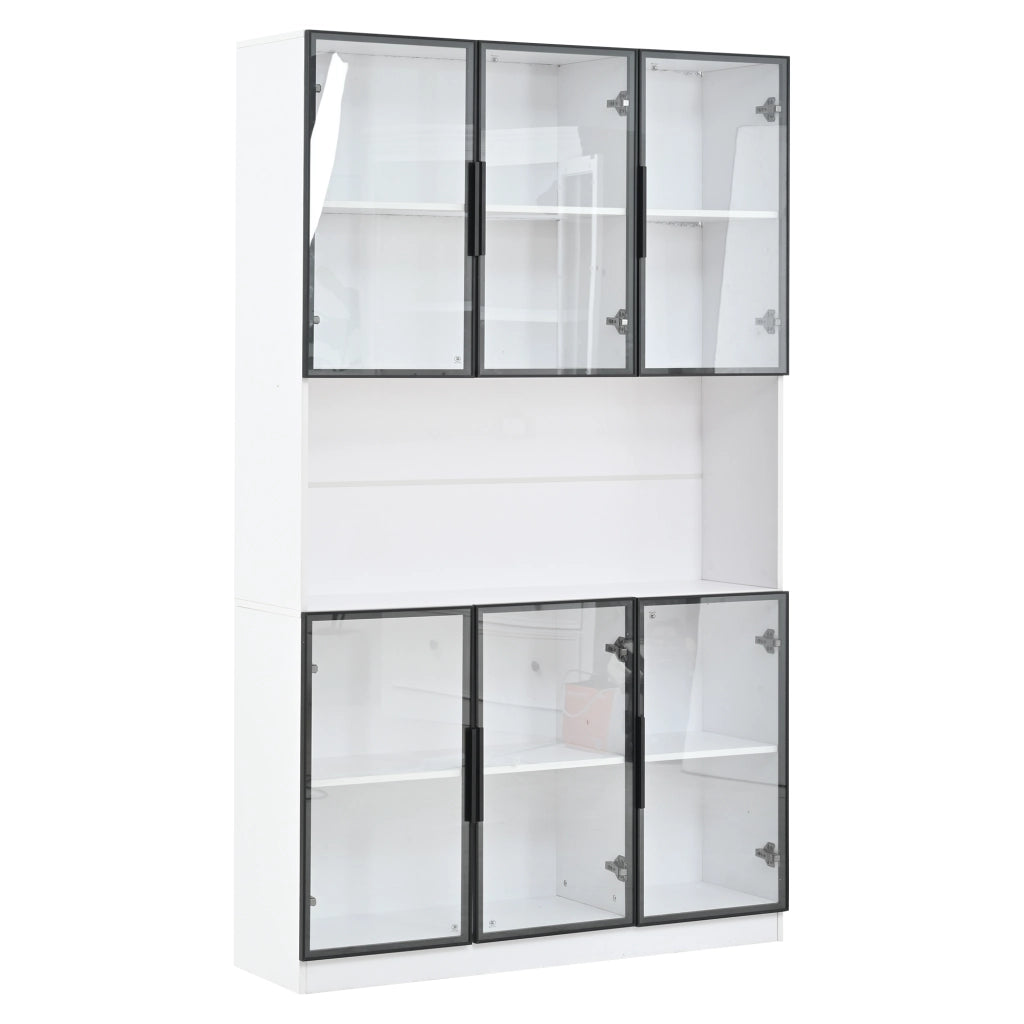 Vetrina alta con LED, 6 ante in vetro e chiusura ammortizzata, per soggiorno, in MDF e vetro, bianco, 120 × 34 × 200 cm