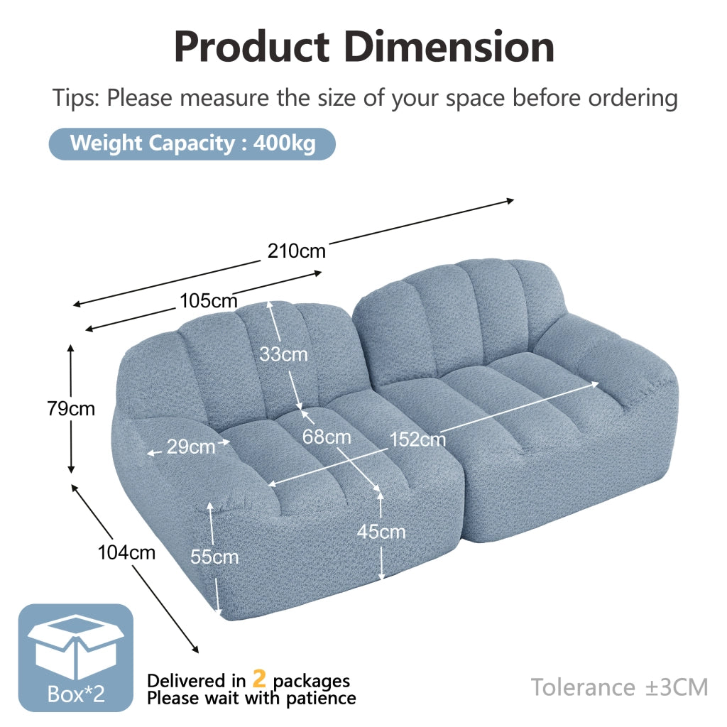 Divano modulare 2 posti senza struttura; forma a conchiglia; seduta ampia; in fleece granulare blu