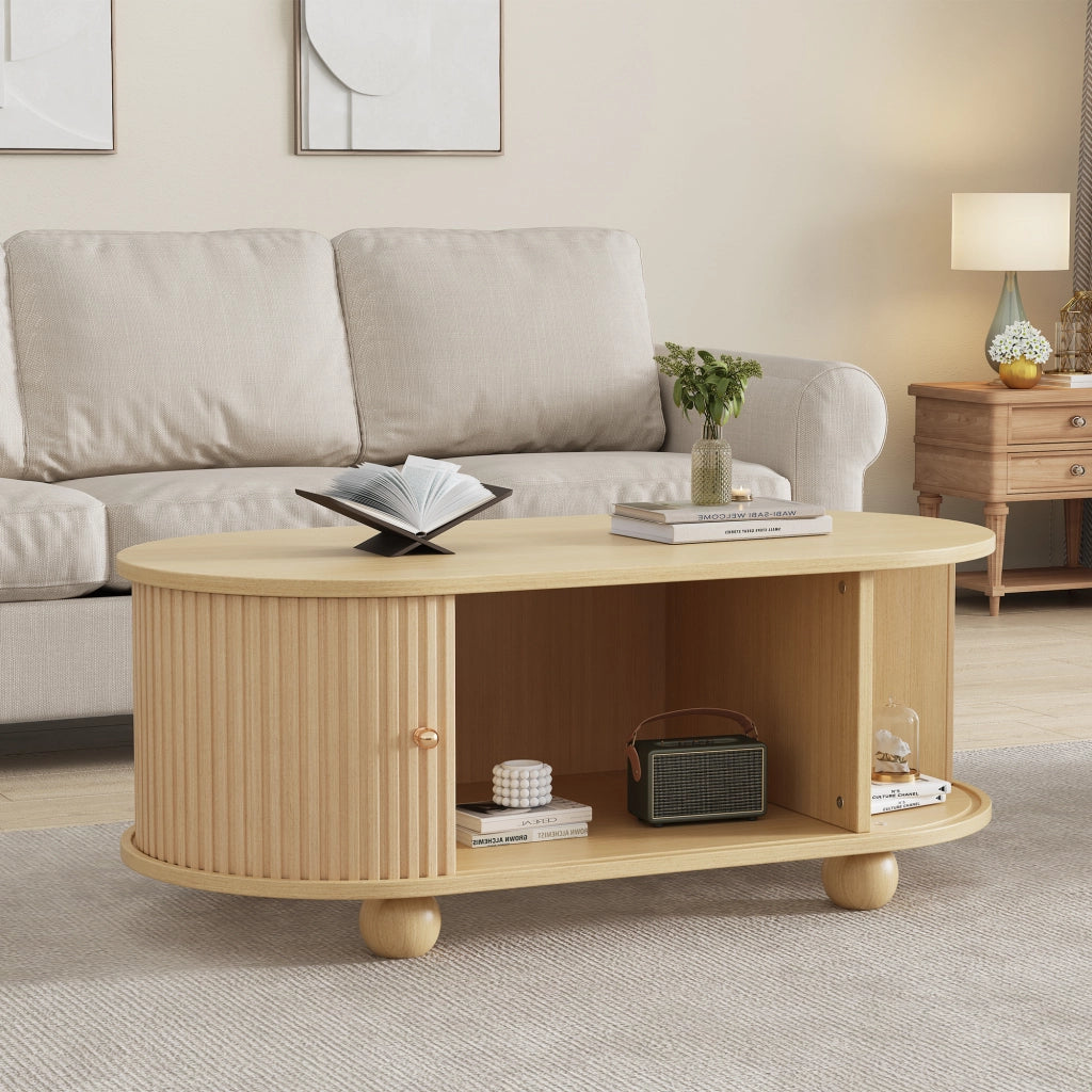 Tavolino da Salotto Ovale con 2 Ante Scorrevoli e Contenitore; Stile Industriale; in MDF; 100×50×40 cm; Legno
