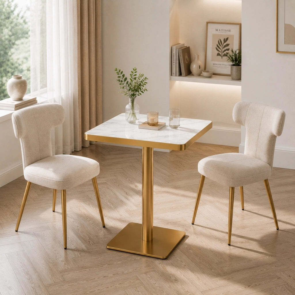 Tavolo da pranzo per 2-4 persone con piano quadrato effetto marmo e bordo oro, struttura in metallo, bianco