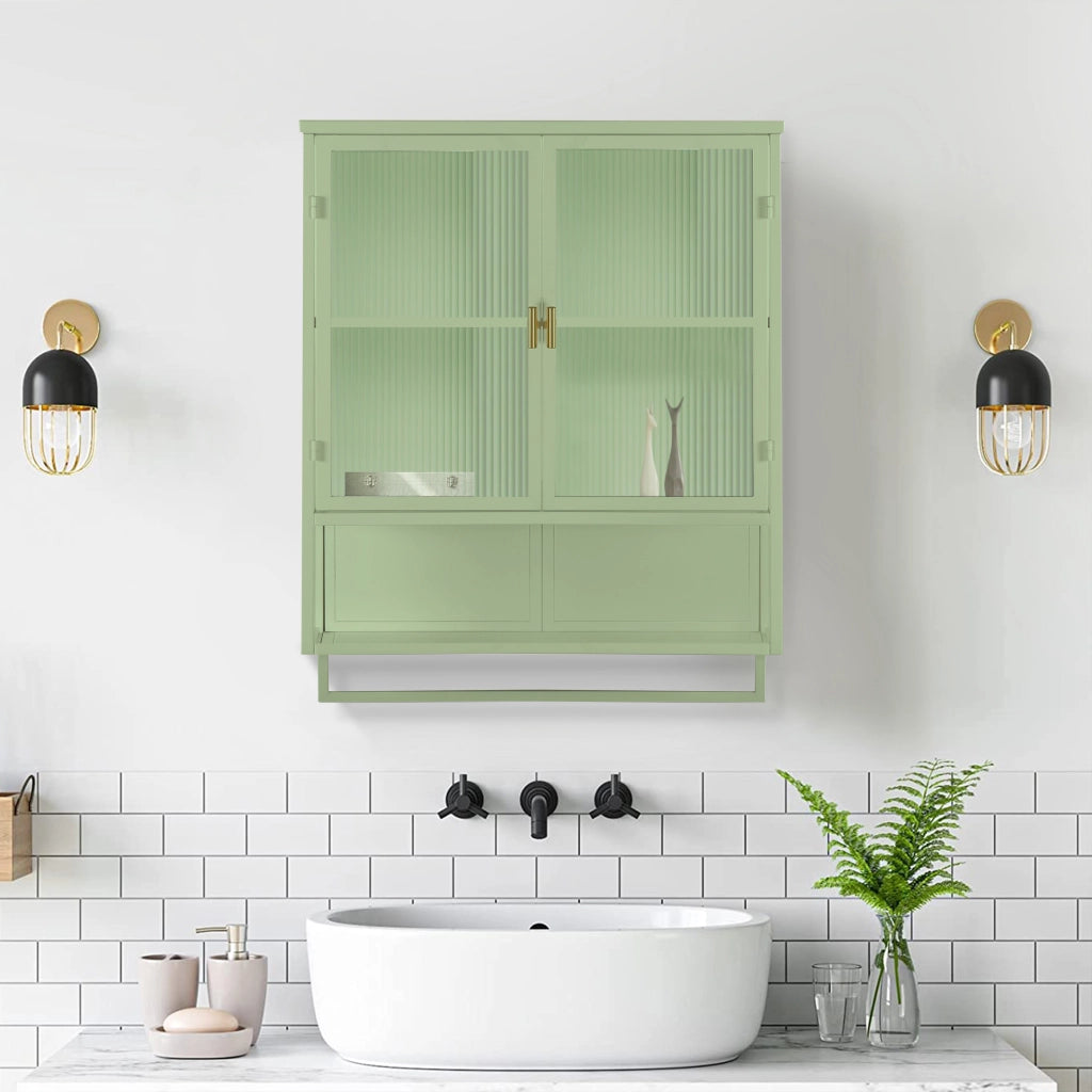 Pensile da Parete con 2 Ante in Vetro e Ripiano a Vista; Portasciugamani; Stile Moderno; Metallo; 60×23×78 cm; Verde