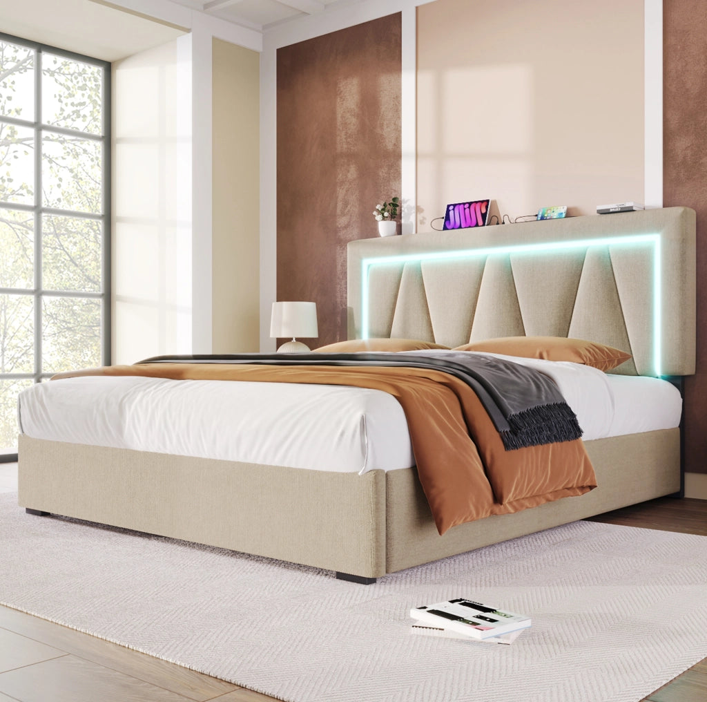 Letto matrimoniale 140x200 beige con LED, USB-C e contenitore