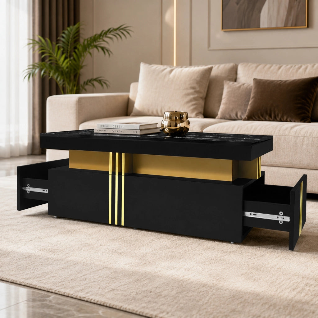 Tavolino da caffè 100x50x40 cm; 2 cassetti e piano effetto marmo; truciolato; nero
