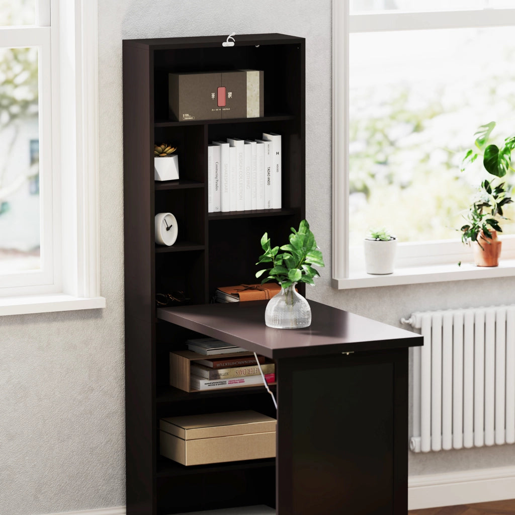 Mobile Libreria con Scrivania Salvaspazio Pieghevole 98x51x153 cm in Legno e MDF Marrone
