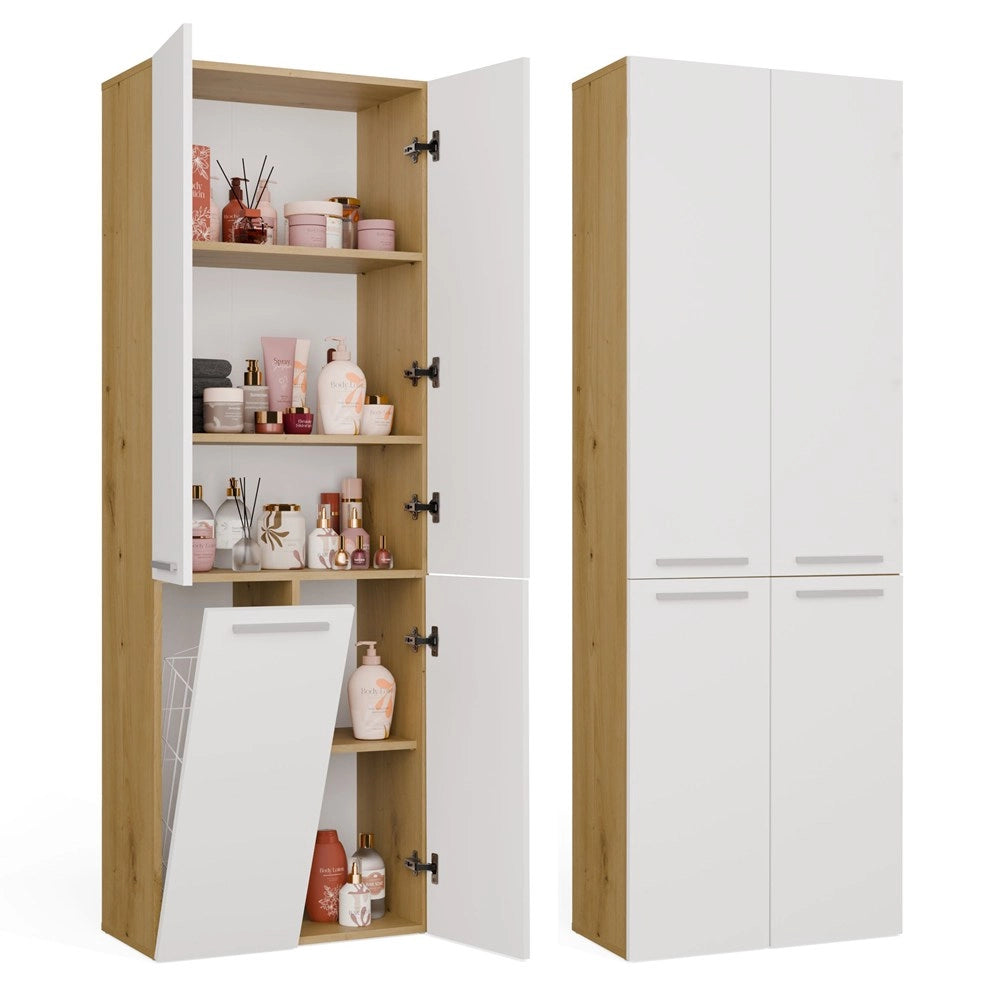 Mobile bagno NEL 1k DD scaffale colonna con koszem per bucato rovere artisan e bianco