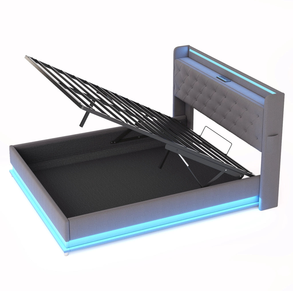 Letto imbottito LED 160x200 cm con USB e contenitore idraulico; tessuto grigio