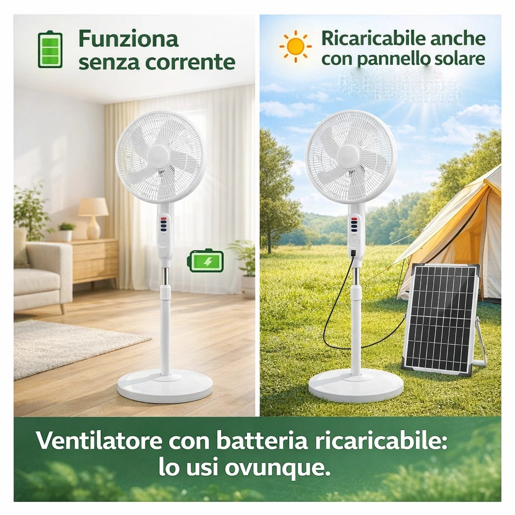 Ventilatore a Piantana oscillante con Luce LED con pannello solare, funziona senza corrente